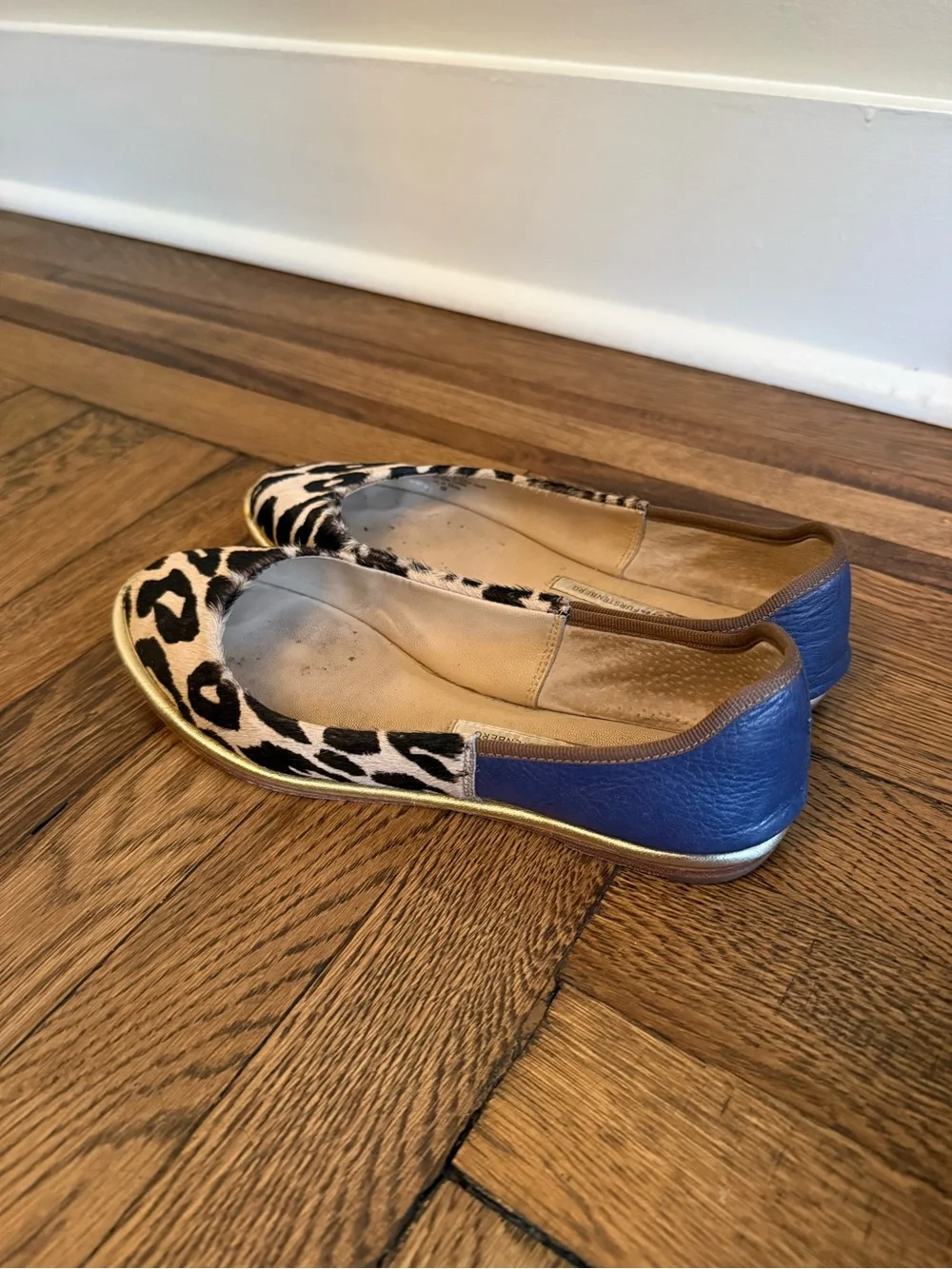 DVF Leopard Print Women's Ballet Flats with Navy Leather Heel + Gold Trim